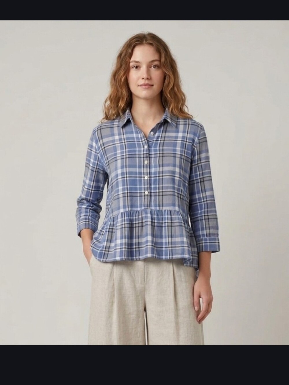 Trovata Birds Of Paradis Blue Gray Plaid Cotton Peplum Top XS